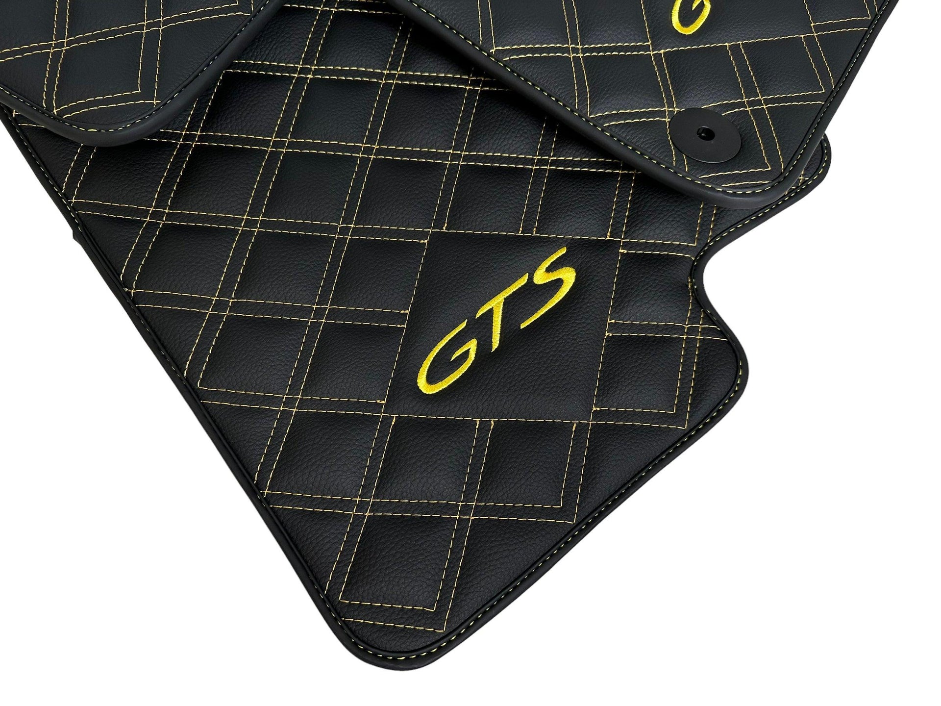 Black Leather Floor Mats for Porsche Macan GTS Yellow Sewing - AutoWin